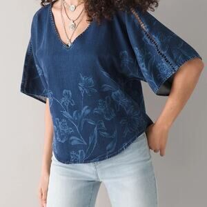 WHBM Blue Denim Knit Floral Print Kimono Blouse - M